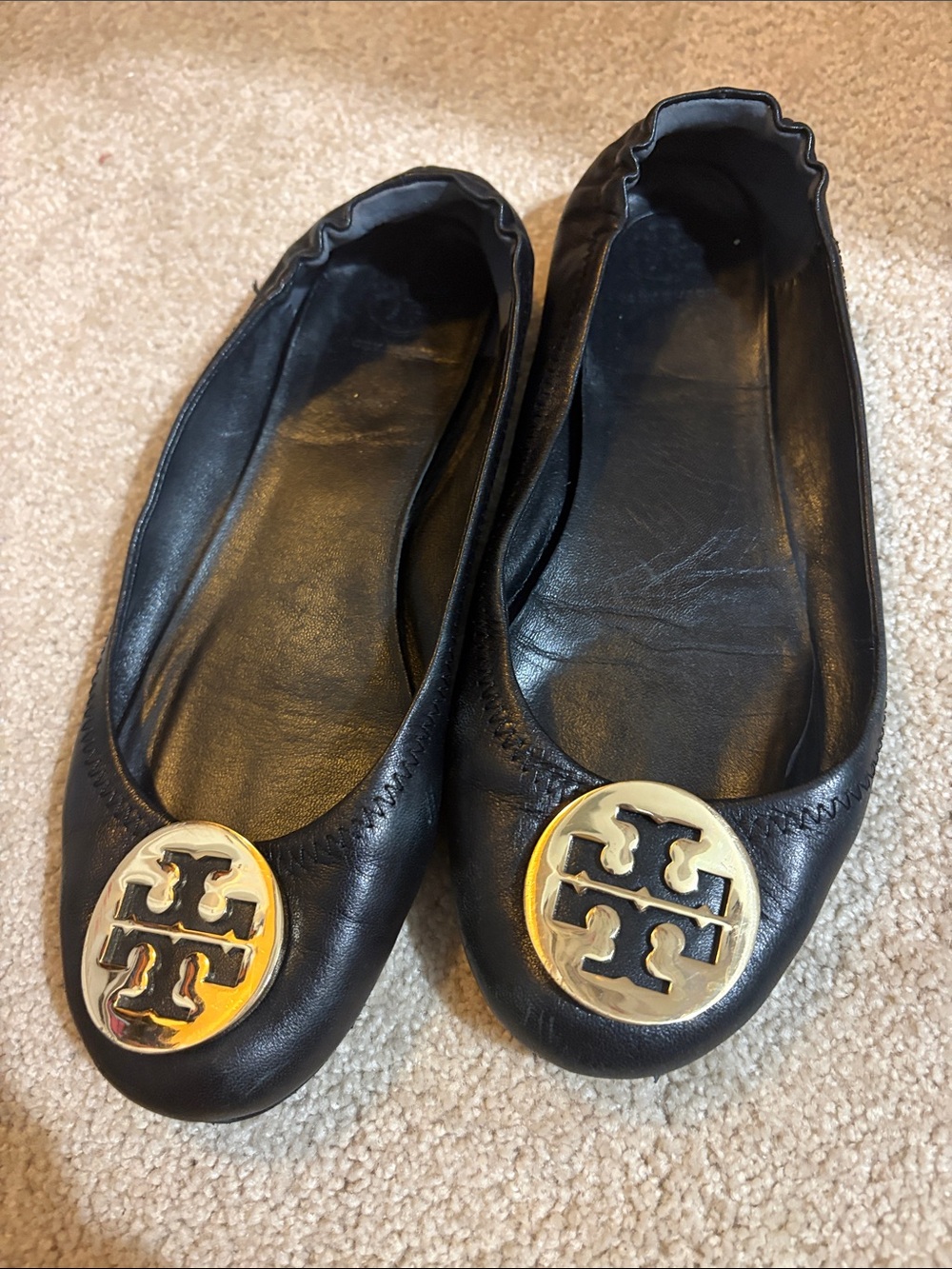 Tory Burch Black Leather Logo Round-Toe Flats with Gold Emblem